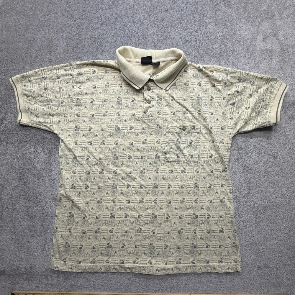 Falcon Bay Polo Shirt Mens XLT Beige Tropical Geometric Pocket Big & Tall Cotton